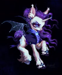 Size: 1695x2048 | Tagged: safe, artist:p0nyplanet, imported from derpibooru, rarity, alicorn, bat pony, bat pony alicorn, pony, aritst:p0nyplanet, artificial wings, augmented, bat wings, ear piercing, earring, horn, jewelry, magic, magic wings, piercing, raised hoof, solo, unshorn fetlocks, wings