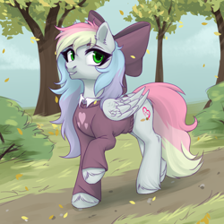 Size: 3000x3000 | Tagged: safe, artist:nika-rain, imported from derpibooru, oc, oc only, oc:blazey sketch, bow, clothes, forest, green eyes, grey fur, hair bow, multicolored hair, simple background, smiling, solo, stroll, sweater, walking