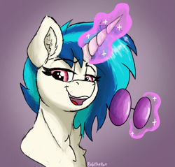 Size: 1693x1616 | Tagged: safe, artist:reddthebat, imported from derpibooru, dj pon-3, vinyl scratch, pony, unicorn, bust, chest fluff, ear fluff, female, glasses off, glowing, glowing horn, horn, levitation, lidded eyes, looking at you, magic, mare, neck fluff, open mouth, open smile, smiling, smiling at you, solo, sternocleidomastoid, sunglasses, telekinesis
