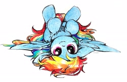 Size: 2509x1623 | Tagged: safe, artist:liaaqila, imported from derpibooru, rainbow dash, pegasus, pony, cute, dashabetes, female, high res, looking at you, lying down, mare, on back, signature, simple background, smiling, smiling at you, solo, spread wings, traditional art, upside down, white background, wings