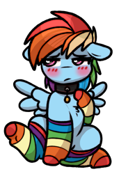 Size: 1137x1659 | Tagged: safe, artist:faerienougat, imported from derpibooru, rainbow dash, blushing, clothes, collar, dog collar, female, filly, filly rainbow dash, floppy ears, foal, looking away, rainbow socks, simple background, socks, solo, spread wings, stockings, striped socks, thigh highs, transparent background, wingboner, wings, younger
