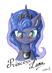 Size: 4961x7016 | Tagged: safe, artist:memprices, imported from derpibooru, princess luna, alicorn, blushing, bust, crown, ear fluff, ethereal mane, fanart, high res, jewelry, looking at you, pencil drawing, peytral, portrait, regalia, simple background, smiling, smiling at you, traditional art, white background