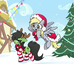 Size: 948x816 | Tagged: safe, artist:muffinz, imported from derpibooru, derpy hooves, oc, oc:anon, oc:filly anon, earth pony, pegasus, pony, antlers, bells, christmas, clothes, commission, female, filly, hat, hearth's warming eve, holiday, house, santa hat, snow, socks, striped socks, tree