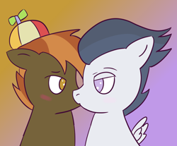 Size: 910x755 | Tagged: safe, artist:wanda, imported from derpibooru, button mash, rumble, earth pony, pegasus, pony, colt, foal, gay, kissing, looking at each other, looking at someone, male, rumblemash, shipping