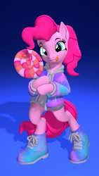 Size: 2160x3840 | Tagged: safe, artist:owlpirate, imported from derpibooru, pinkie pie, earth pony, semi-anthro, 3d, 4k, candy, clothes, female, food, gradient background, high res, hoof hold, jacket, licking, licking lips, lollipop, looking at you, mare, shoes, smiling, smiling at you, sneakers, solo, source filmmaker, tongue out