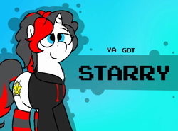 Size: 800x592 | Tagged: safe, artist:soupafterdark, imported from derpibooru, oc, pony, banned from equestria daily, blue background, clothes, commissioner:dhs, hoodie, simple background, socks, solo, standing, stockings, thigh highs, two toned mane, white coat, ya got