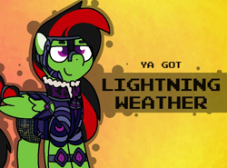 Size: 800x592 | Tagged: safe, artist:soupafterdark, imported from derpibooru, oc, oc:lightning weather, pegasus, pony, banned from equestria daily, armor, clothes, commissioner:dhs, green coat, male, purple eyes, simple background, solo, stallion, two toned mane, ya got, yellow background