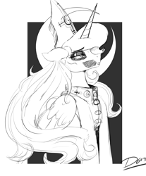 Size: 3031x3653 | Tagged: safe, artist:thelunarmoon, imported from derpibooru, princess luna, alicorn, pony, black and white, clothes, costume, female, grayscale, hat, high res, jacket, mare, monochrome, simple background, white background