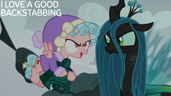 Size: 2000x1125 | Tagged: safe, edit, edited screencap, editor:quoterific, imported from derpibooru, screencap, cozy glow, queen chrysalis, frenemies (episode), bell, grogar's bell