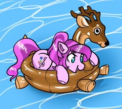 Size: 2048x1827 | Tagged: safe, artist:opalacorn, imported from derpibooru, oc, oc only, oc:violet ray, deer, earth pony, pony, antlers, hoof polish, inflatable, open mouth, pool toy, solo, swimming pool, water