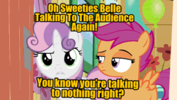 Size: 960x540 | Tagged: safe, edit, editor:undeadponysoldier, imported from ponybooru, scootaloo, sweetie belle, pegasus, pony, unicorn, bloom and gloom, breaking the fourth wall, clubhouse, crusaders clubhouse, dialogue, duo, female, filly, foal, looking at you, low effort caption, meme, scootaloo is not amused, text, unamused