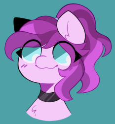Size: 2182x2343 | Tagged: safe, artist:sunny synopsis, imported from derpibooru, oc, oc only, oc:violet ray, earth pony, animated, blinking, bust, choker, colored, cute, eye clipping through hair, flat colors, gif, mane, ponytail, simple background, smiling, solo