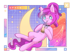Size: 1017x786 | Tagged: safe, artist:wavecipher, imported from derpibooru, oc, oc only, oc:violet ray, earth pony, bubble tea, cloud, crescent moon, drink, drinking, floating, moon, ponytail, solo, space, space helmet, stars, text, wireframe