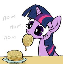 Size: 424x433 | Tagged: safe, artist:muffinz, imported from derpibooru, twilight sparkle, pony, unicorn, cute, eating, food, mouth hold, nom, simple background, solo, twiabetes, waffle, white background