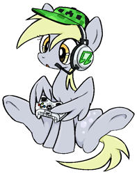 Size: 581x738 | Tagged: safe, artist:muffinz, imported from derpibooru, derpy hooves, pegasus, pony, hat, headphones, minecraft, simple background, solo, white background, wing hands, wing hold, wings, xbox