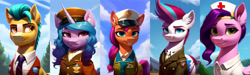 Size: 2560x768 | Tagged: safe, imported from derpibooru, hitch trailblazer, izzy moonbow, pipp petals, sunny starscout, zipp storm, earth pony, pegasus, pony, unicorn, equestria at war mod, ai content, ai generated, bust, clothes, ear fluff, female, g5, generator:pony diffusion v5, generator:stable diffusion, hat, looking at you, male, mare, military uniform, nurse hat, nurse outfit, portrait, prompter:siber, stallion, uniform, uniform hat