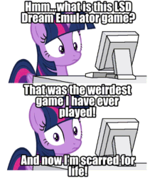 Size: 692x820 | Tagged: safe, edit, editor:undeadponysoldier, imported from ponybooru, screencap, twilight sparkle, alicorn, pony, computer, female, looking at you, lsd dream emulator, mare, meme, playing video games, scared, scarred for life, shrunken pupils, text, traumatized, twilight sparkle (alicorn)