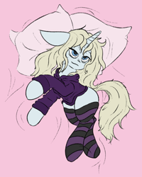 Size: 698x872 | Tagged: safe, artist:oddmess, imported from ponybooru, oc, oc:synthwave, pony, unicorn, /mlp/, 4chan, bags under eyes, bedroom eyes, blonde, blonde mane, butt, clothes, eyelashes, femboy, hoodie, lying down, male, neet, pillow, sketch, smug, socks, solo, stallion, thighs, thunder thighs, trap, wide hips