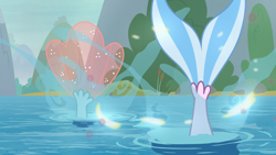Size: 1920x1080 | Tagged: safe, imported from derpibooru, screencap, ocellus, silverstream, seapony (g4), non-compete clause, disguise, disguised changeling, diving, female, magic, seaponified, seapony ocellus, seapony silverstream, species swap, tail, transformation, water
