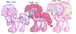 Size: 1955x887 | Tagged: safe, artist:dddddaxie998839, imported from derpibooru, pinkie pie, oc, oc:candy floss, oc:party trick, pegasus, pony, unicorn, redesign, simple background, species swap, white background