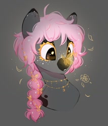 Size: 894x1051 | Tagged: safe, artist:melodylibris, imported from derpibooru, oc, oc only, butterfly, earth pony, pony, braid, bust, butterfly on nose, dark muzzle, facial markings, female, freckles, gray background, insect on nose, jewelry, mare, necklace, simple background, solo