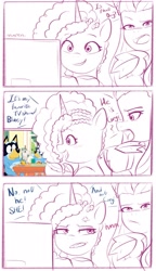 Size: 1183x2048 | Tagged: safe, artist:maren, imported from derpibooru, opaline arcana, alicorn, pony, unicorn, 3 panel comic, bluey, comic, computer, cross-popping veins, doodle, emanata, g5, misty brightdawn