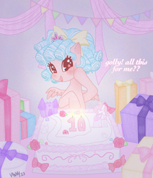 Size: 2198x2544 | Tagged: safe, imported from derpibooru, cozy glow, pegasus, pony, birthday, birthday cake, birthday gift, blue hair, bow, bucktooth, cake, candle, cute, female, filly, foal, food, freckles, hair bow, jewelry, looking at you, party, present, smiling, smiling at you, solo, sparkles, tiara