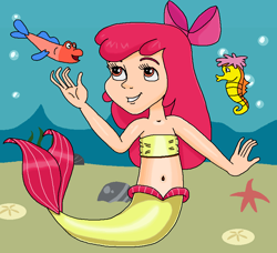 Size: 840x765 | Tagged: safe, artist:ocean lover, imported from derpibooru, apple bloom, fish, human, mermaid, seahorse, starfish, adorabloom, amber eyes, apple bloom's bow, bandeau, bare midriff, belly, belly button, bow, bubble, child, coral, cute, fins, fish tail, hair bow, happy, human coloration, humanized, long hair, looking up, mermaid tail, mermaidized, midriff, ms paint, ocean, red hair, sand, smiling, species swap, tail, underwater, water