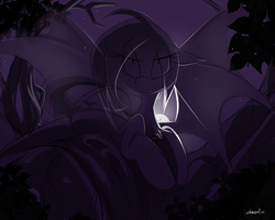 Size: 2500x2000 | Tagged: safe, artist:madragon, imported from derpibooru, fluttershy, bat pony, pony, bat ponified, bat wings, dark, flutterbat, forest, looking at you, lying down, moonlight, purple background, race swap, simple background, sketch, sketch dump, tree, wings