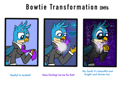 Size: 2453x1714 | Tagged: safe, artist:disneymarvel96, imported from derpibooru, gallus, rarity, griffon, unicorn, bowtie, comic, female, glowing, light up, male, necktie, procreate app, solo, sparkly background, stars, sunglasses, transformation