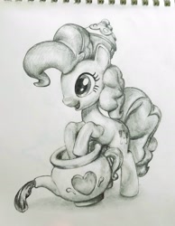 Size: 1630x2098 | Tagged: safe, artist:jack107401, imported from derpibooru, pinkie pie, doll, heart, liquid, pencil drawing, pot, simple background, smiling, toy, traditional art, white background