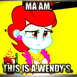 Size: 1400x1400 | Tagged: safe, edit, edited edit, edited screencap, editor:anonymous, editor:ok cheez, imported from derpibooru, screencap, cup cake, equestria girls, deep fried meme, meme, ponified meme, sir this is a wendy's