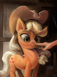 Size: 4407x6000 | Tagged: safe, artist:flvski, imported from derpibooru, applejack, earth pony, human, pony, applejack's hat, boop, cowboy hat, hat