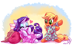 Size: 1800x1200 | Tagged: safe, artist:whitediamonds, imported from derpibooru, applejack, rarity, earth pony, pony, unicorn, 2014, blushing, clothes, cute, duo, duo female, eyebrows, eyebrows visible through hair, eyes closed, female, freckles, hatless, heart, horn, jackabetes, lesbian, mare, missing accessory, old art, open mouth, pajamas, pillow, raribetes, rarijack, rarijack daily, shipping, signature, smiling, underhoof, weapons-grade cute