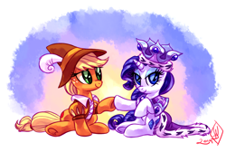 Size: 1900x1275 | Tagged: safe, artist:whitediamonds, imported from derpibooru, applejack, princess platinum, rarity, smart cookie, earth pony, pony, unicorn, hearth's warming eve (episode), 2014, cape, clothes, crown, duo, duo female, female, hat, hoofbump, horn, jewelry, lesbian, looking at someone, looking at you, mare, old art, platicookie, puffy sleeves, rarijack, rarijack daily, regalia, shipping, signature, sitting, smiling, underhoof