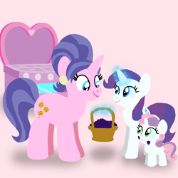 Size: 1400x1400 | Tagged: safe, artist:mlplary6, imported from derpibooru, cookie crumbles, rarity, sweetie belle, pony, unicorn, belle sisters, female, filly, filly rarity, foal, looking at each other, looking at someone, magic, magic aura, mare, mother and child, mother and daughter, siblings, sisters, smiling, smiling at each other, teenager, younger