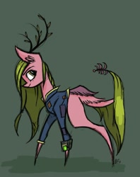 Size: 1015x1280 | Tagged: safe, artist:buttersflutterscotch, imported from derpibooru, oc, deer, deer pony, hybrid, original species, clothes, jumpsuit, solo, tail wings, vault suit