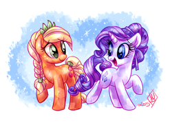 Size: 1750x1250 | Tagged: safe, artist:whitediamonds, imported from derpibooru, applejack, rarity, crystal pony, earth pony, pony, unicorn, alternate hairstyle, braid, crystallized, duo, duo female, female, hatless, horn, lesbian, looking at each other, looking at someone, mare, missing accessory, open mouth, open smile, raised hoof, raised leg, rarijack, rarijack daily, shipping, signature, smiling, smiling at each other