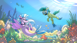 Size: 2560x1440 | Tagged: safe, artist:mysticalpha, imported from derpibooru, sandbar, silverstream, earth pony, fish, pony, seapony (g4), seapony silverstream, snorkel, underwater, water