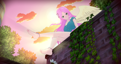 Size: 4096x2160 | Tagged: safe, artist:mtakara, imported from derpibooru, fluttershy, human, 3d, anime, barefoot, barefoot sandals, butterfly hairpin, clothes, dress, feet, humanized, koikatsu, sunset, windswept hair, winged humanization, wings