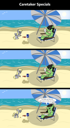 Size: 1920x3516 | Tagged: safe, artist:platinumdrop, imported from derpibooru, derpy hooves, oc, oc:anon, oc:anon stallion, pegasus, pony, comic:caretaker, comic:caretaker specials, 3 panel comic, angry, beach, beach chair, beach umbrella, bucket, butt, caretaker, chair, comic, commission, crying, duo, falling, female, filly, filly derpy, flank, floppy ears, foal, food, hoof hold, i just don't know what went wrong, ice cream, ice cream cone, male, newspaper, ocean, outdoors, parasol (umbrella), plot, reading, sad, sand, sandcastle, scrunchy face, seaside, shovel, sitting, smiling, speech, speech bubble, stern, summer, sun, sunglasses, talking, tongue out, umbrella, vacation, water, wings, wings down, younger