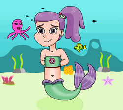 Size: 744x663 | Tagged: safe, artist:ocean lover, imported from derpibooru, fish, human, mermaid, octopus, starfish, bare shoulders, bashful, belly, belly button, boulder, child, clothes, coral, cute, cutie mark, cutie mark on clothes, female, fins, fish tail, flower, hands behind back, human coloration, humanized, innocent, kelp, lily pad (g4), looking at you, mermaid tail, mermaidized, midriff, ms paint, ocean, ponytail, purple eyes, purple hair, sand, seaweed, sleeveless, smiling, smiling at you, solo, solo female, species swap, swimming, tail, tail fin, underwater, water