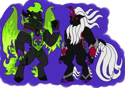 Size: 1414x1000 | Tagged: safe, artist:zetikoopa, imported from derpibooru, oc, oc:dark havok, oc:phantom infinite, anthro, dragon, hybrid, kirin, longma, antagonist, fire, kirin oc, male, oc villain, stallion