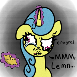 Size: 1000x1000 | Tagged: safe, artist:scandianon, imported from derpibooru, lemon hearts, pony, unicorn, dialogue, eating, female, food, lemon, looking at you, magic, mare, puckered lips, regret, scrunchy face, teary eyes, telekinesis, tongue out, wall eyed