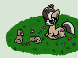 Size: 1197x895 | Tagged: safe, artist:scandianon, imported from derpibooru, oc, oc only, oc:norsk fjord, butterfly, pony, rabbit, unicorn, animal, dock, facial markings, female, flag, flower, grass, hooves, looking down, lying down, mare, nation ponies, norway, outdoors, ponified, ponyloaf, prone, tail