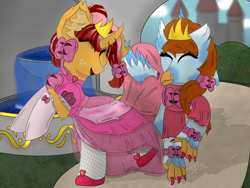 Size: 4000x3000 | Tagged: safe, artist:spiroudada, imported from derpibooru, oc, oc only, griffon, pony, unicorn, bow, castle, clothes, cute, dress, duo, fountain, giggling, jewelry, pink, princess, princess dress, shoes, smiling, sunlight, tiara