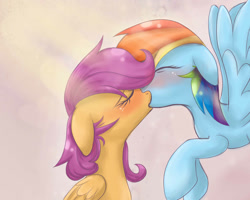 Size: 1280x1024 | Tagged: safe, artist:redheadfly, imported from derpibooru, rainbow dash, scootaloo, pony, female, kissing, lesbian, older, ship:scootadash, shipping, tumblr:ask-adultscootaloo