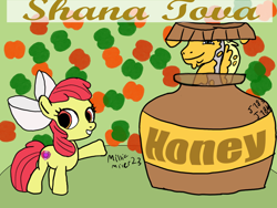 Size: 2160x1620 | Tagged: safe, artist:amelia, imported from derpibooru, apple bloom, hugh jelly, earth pony, apple, apple bloom's bow, bow, cutie mark, female, filly, food, hair bow, honey, honey pot, jelly pony, jew, judaism, male, rosh hashanah, scar, stallion, surgery scar, the cmc's cutie marks