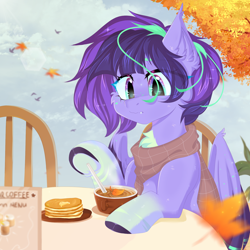 Size: 2000x2000 | Tagged: safe, artist:thieftea, imported from derpibooru, oc, bat pony, bird, hybrid, pegasus, pony, autumn, chair, clothes, cloud, coffee, coffee cup, colored wings, commission, cup, food, gradient eyes, gradient hooves, herbivore, leaves, multicolored hair, multicolored mane, multicolored wings, pancakes, scarf, solo, tree, wings, ych result