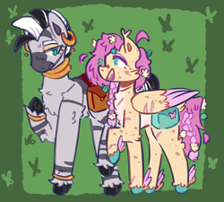 Size: 2000x1800 | Tagged: safe, artist:tottallytoby, imported from derpibooru, fluttershy, zecora, butterfly, pegasus, pony, zebra, bag, bangles, body freckles, bracelet, braid, braided tail, cheek fluff, chest fluff, choker, colored hooves, cyan eyes, duo, ear piercing, ear tufts, earring, eyeshadow, female, flower, flower in hair, folded wings, freckles, green background, jewelry, leaves, leaves in hair, leg fluff, leg scar, lesbian, looking at each other, looking at someone, makeup, mare, open mouth, pale belly, piercing, saddle bag, scar, scarred, shipping, shycora, simple background, smiling, tail, talking, teal eyes, unshorn fetlocks, wing freckles, wing scar, wings